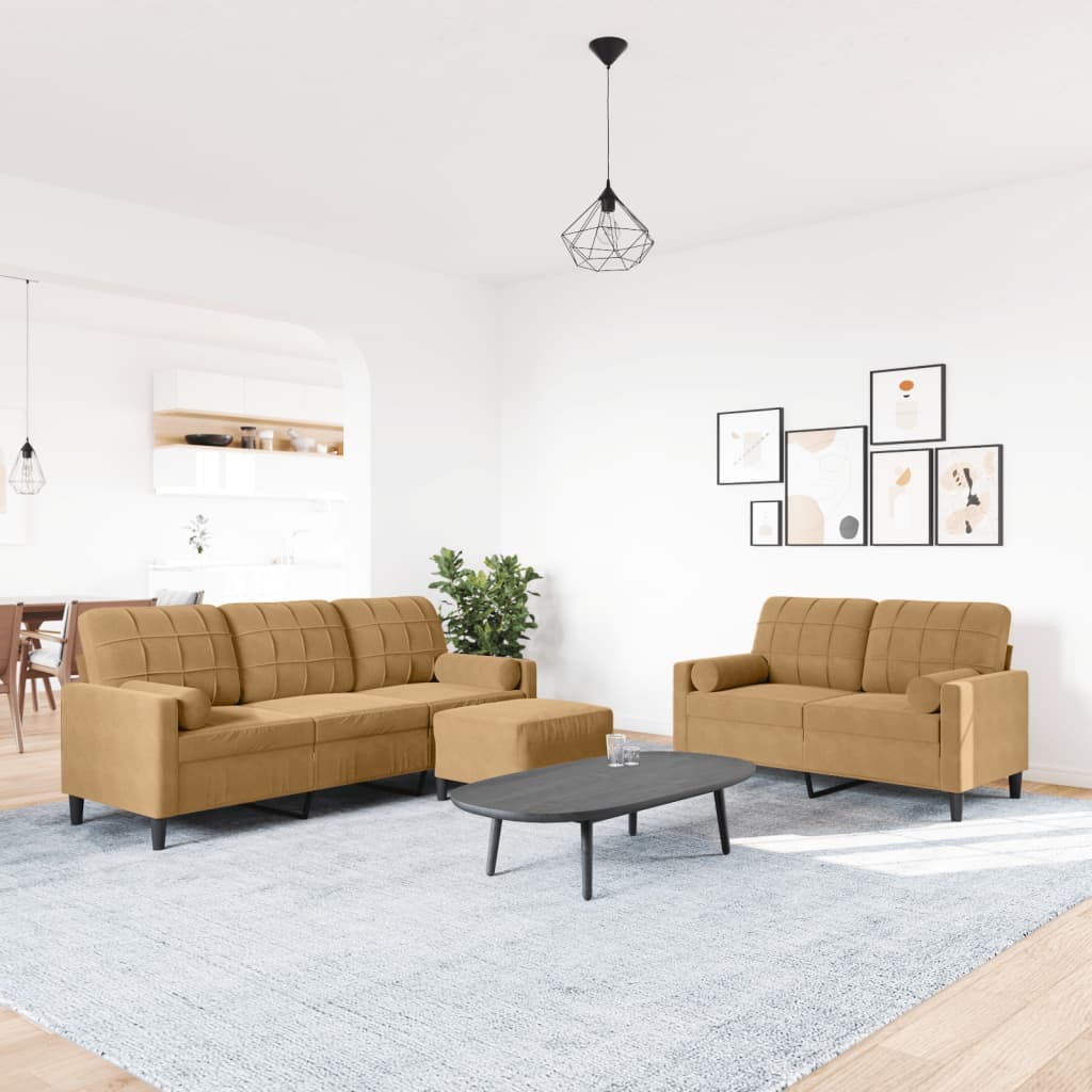 3-tlg. Sofagarnitur mit Kissen und Nackenrollen Braun Samt
