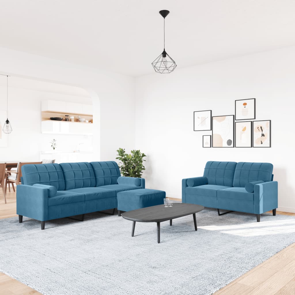 3-tlg. Sofagarnitur mit Kissen und Nackenrollen Blau Samt