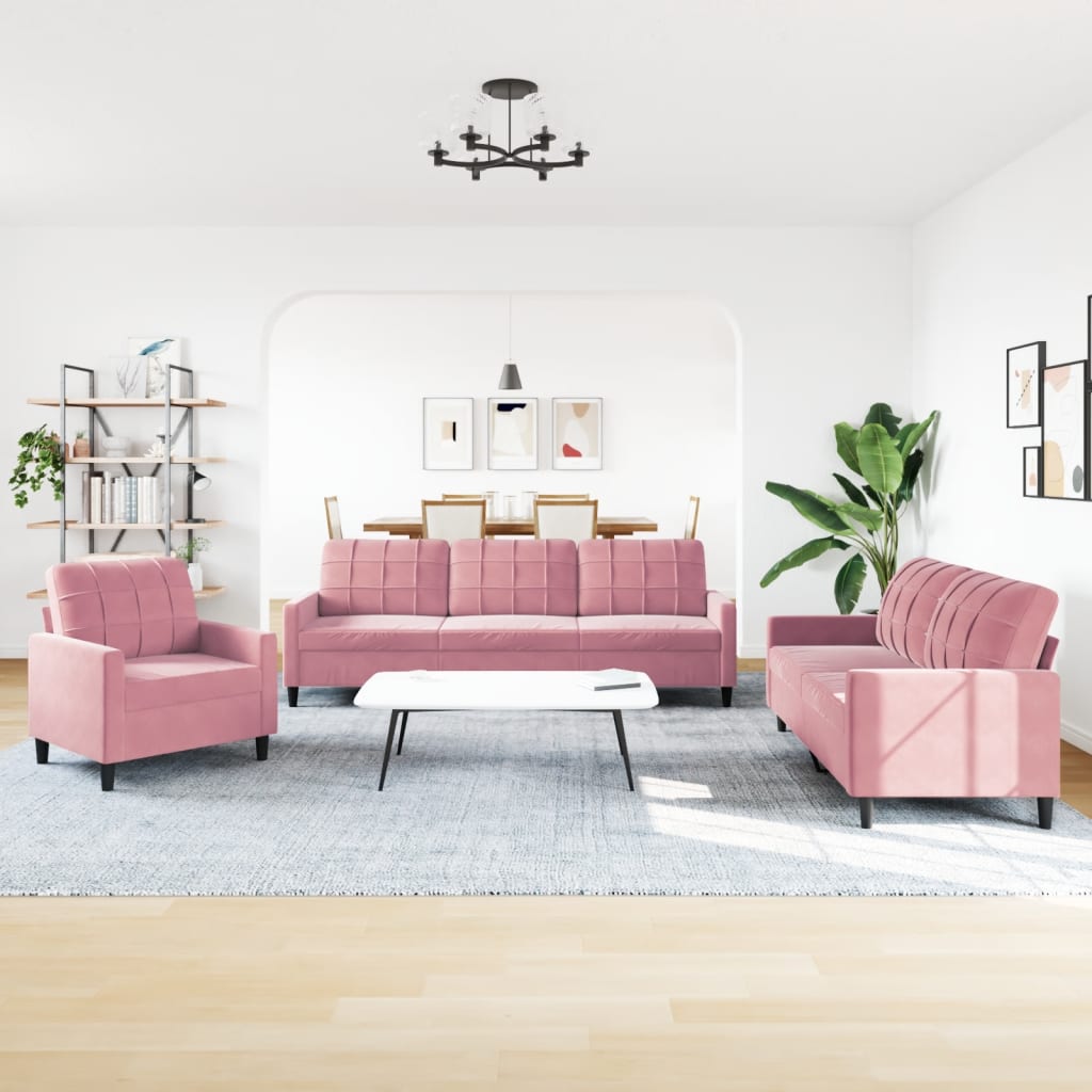 Ensemble de canapé 3 pièces avec coussins en velours rose