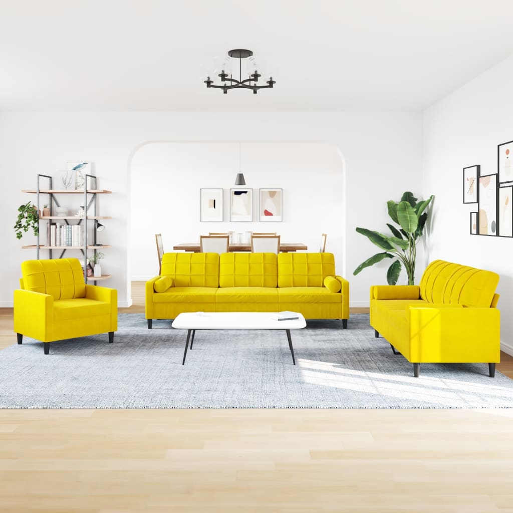 Ensemble de canapé 3 pièces avec coussins et protège-nuque en velours jaune