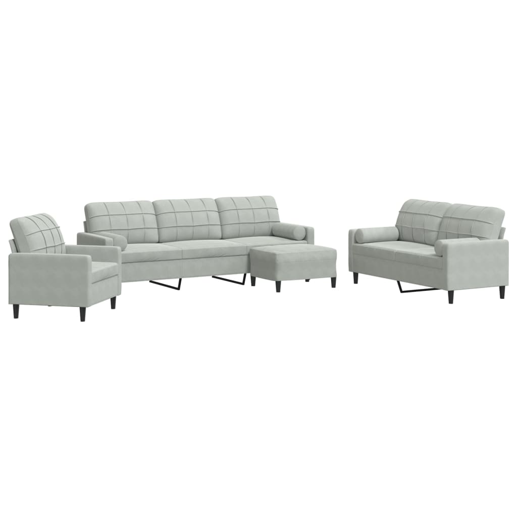 4-piece sofa set with cushions and neck rolls in light grey velvet