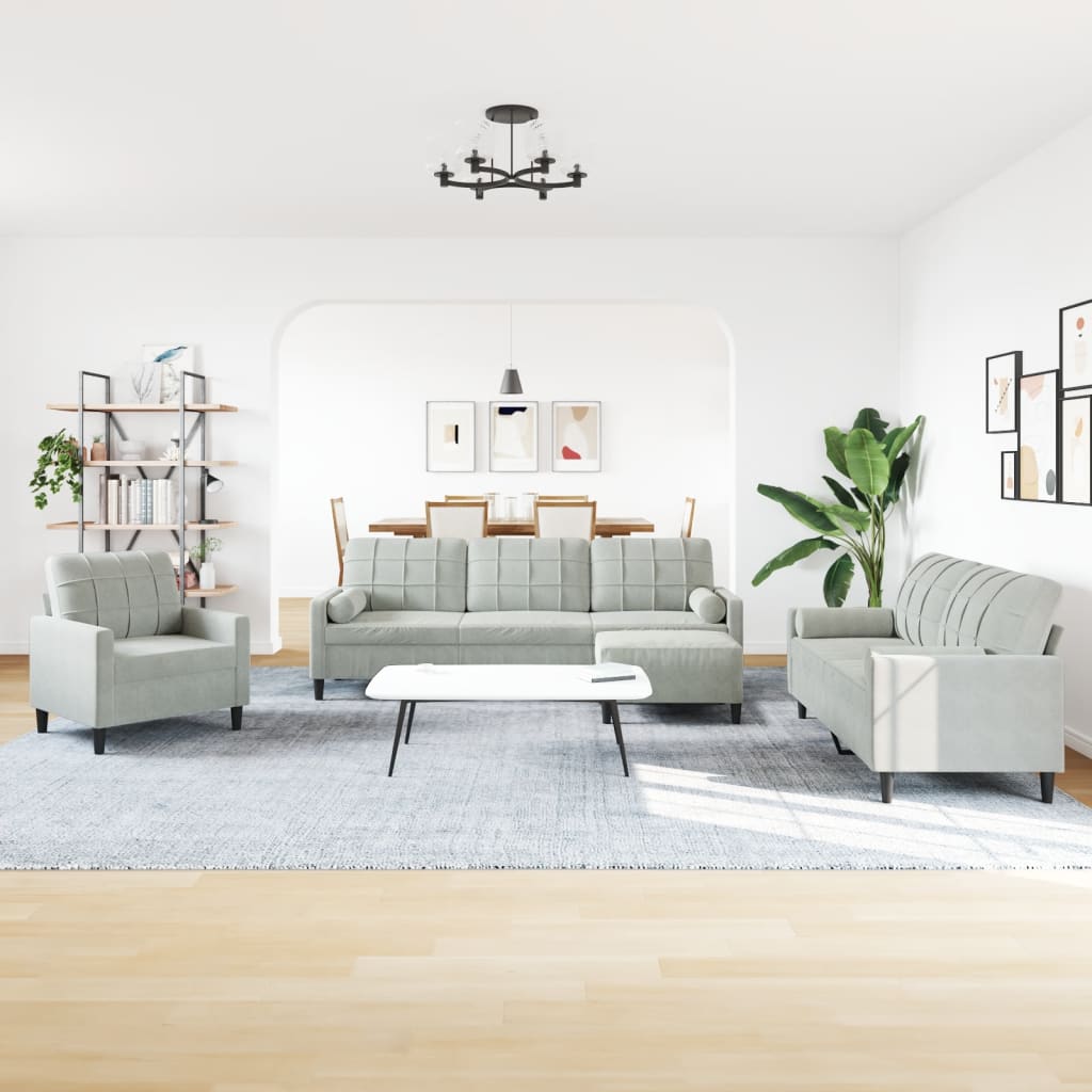 4-piece sofa set with cushions and neck rolls in light grey velvet