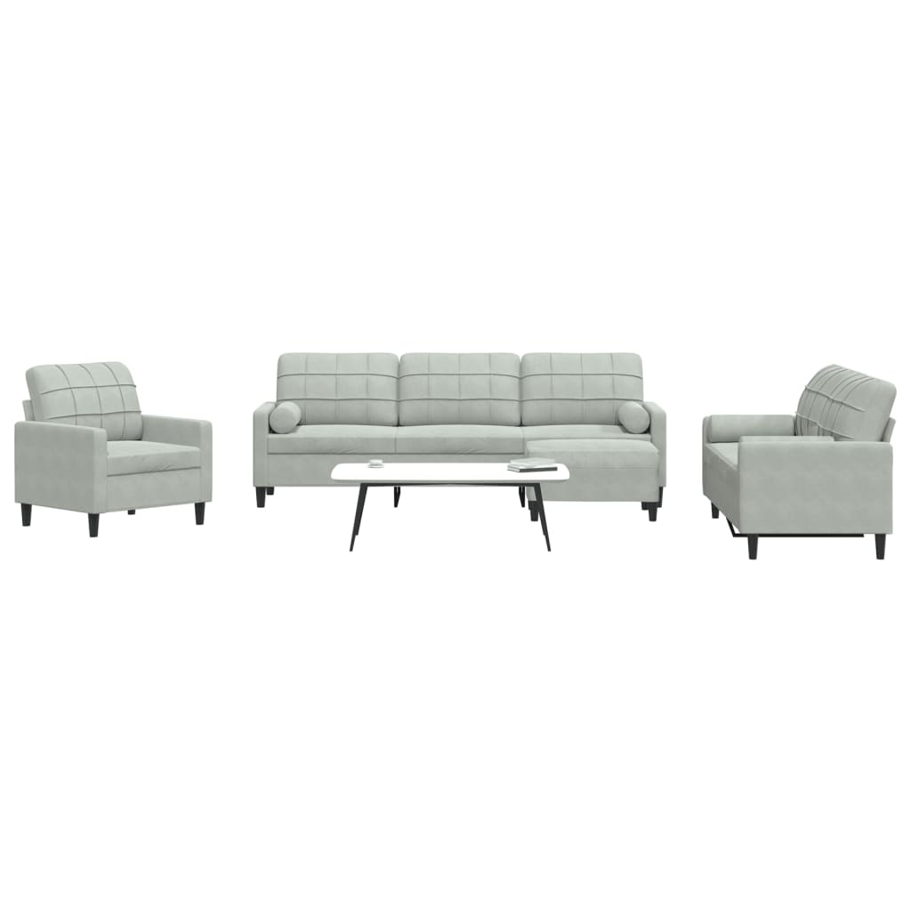 4-piece sofa set with cushions and neck rolls in light grey velvet