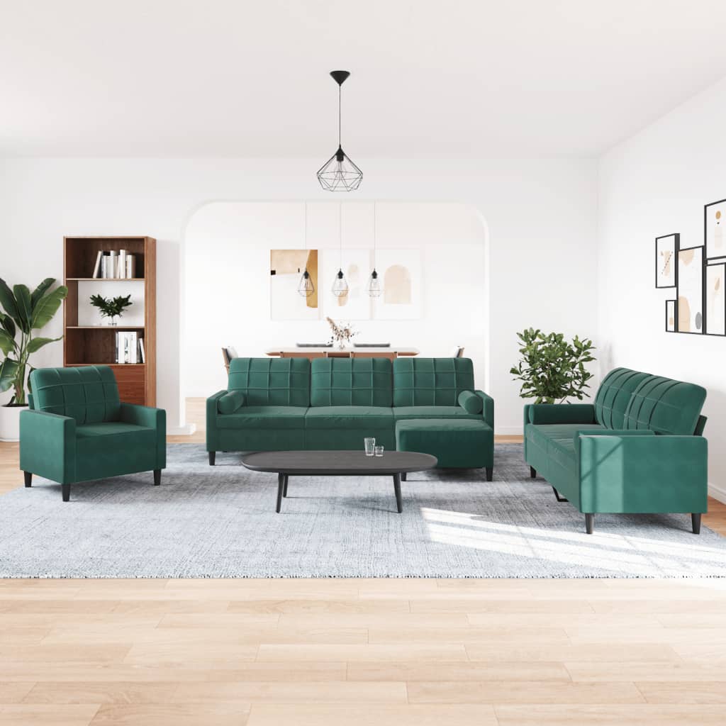 Ensemble de canapé 4 pièces avec coussins et protège-nuque en velours vert foncé