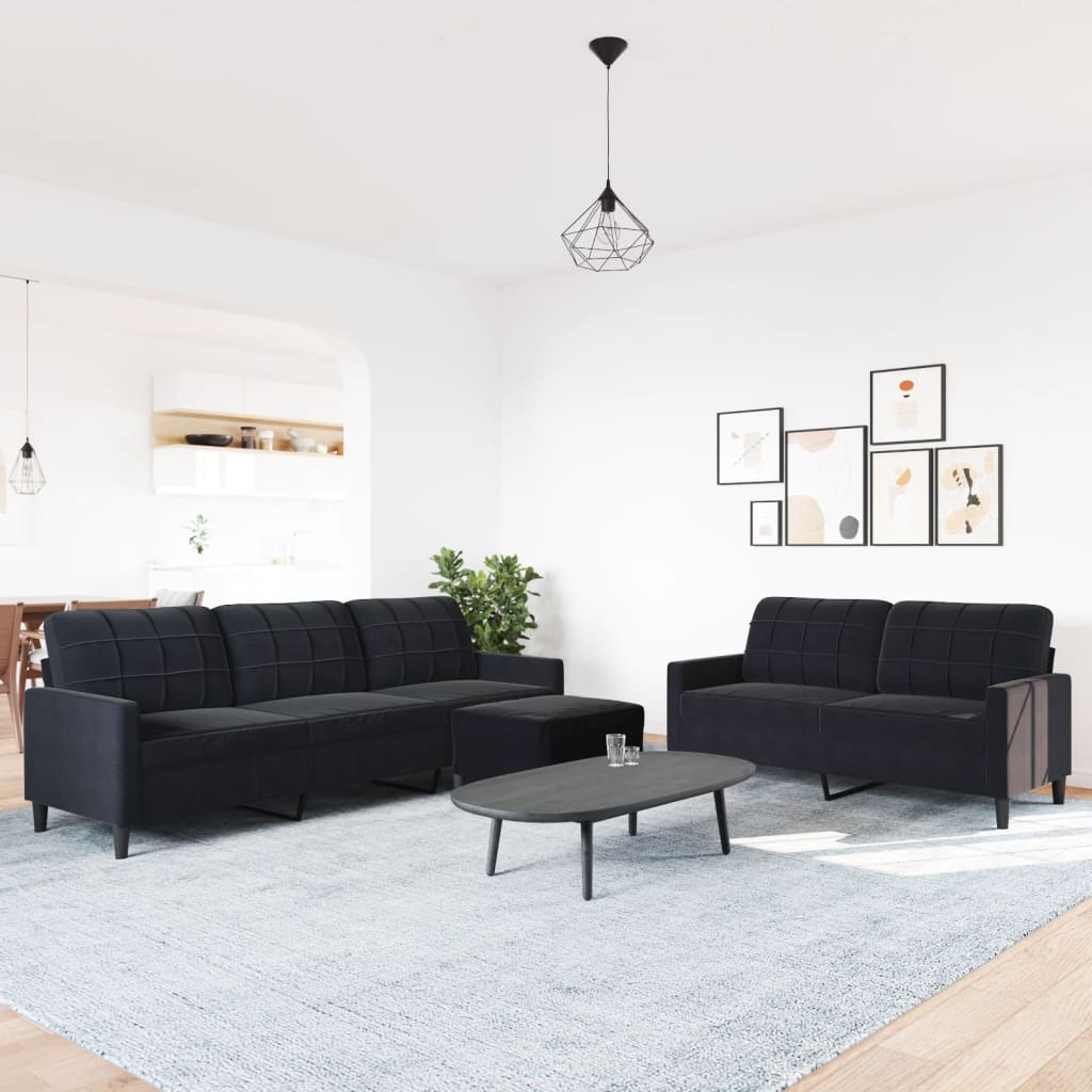 3-tlg. Sofagarnitur mit Kissen Schwarz Samt