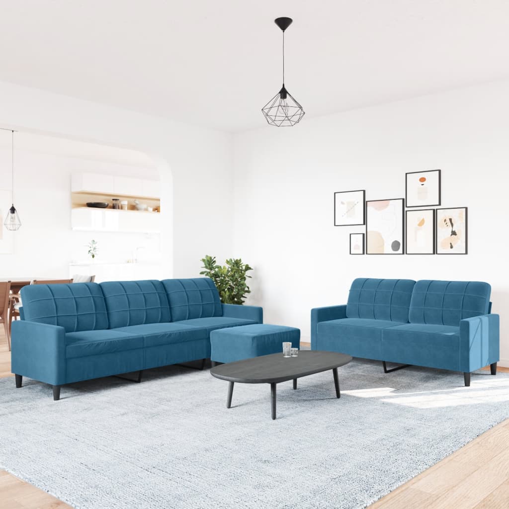 3-tlg. Sofagarnitur mit Kissen Blau Samt