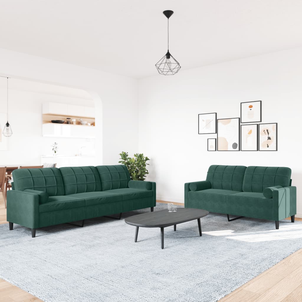 Ensemble de canapé 2 pièces avec coussins et protège-nuque en velours vert foncé