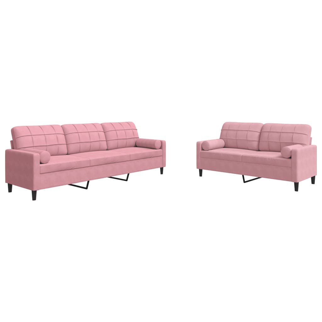 Ensemble de canapé 2 pièces avec coussins et traversins en velours rose
