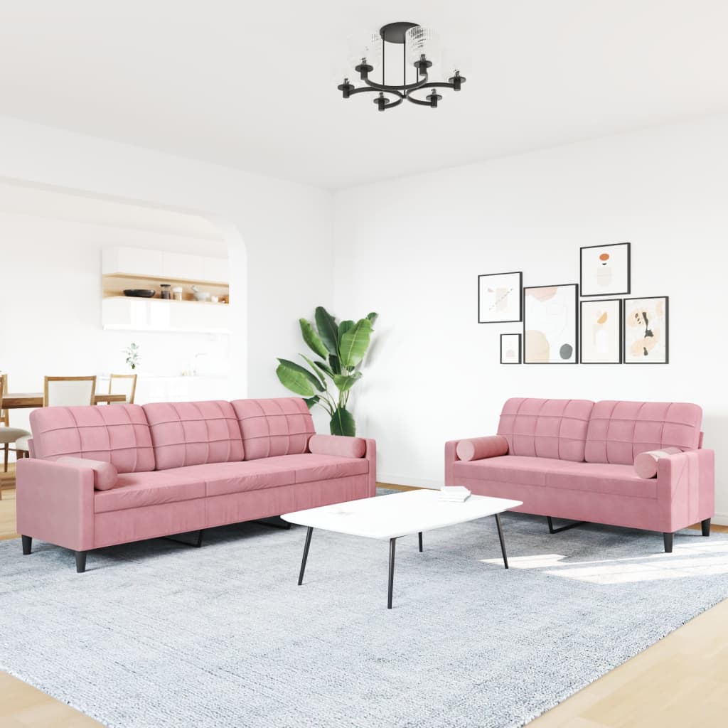 Ensemble de canapé 2 pièces avec coussins et traversins en velours rose