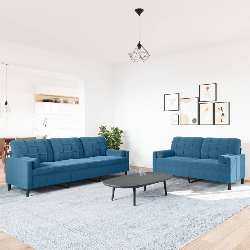 Ensemble de canapé 2 pièces avec coussins et appuie-tête en velours bleu