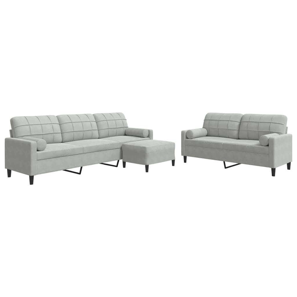 3-piece sofa set with cushions and neck rolls in light grey velvet