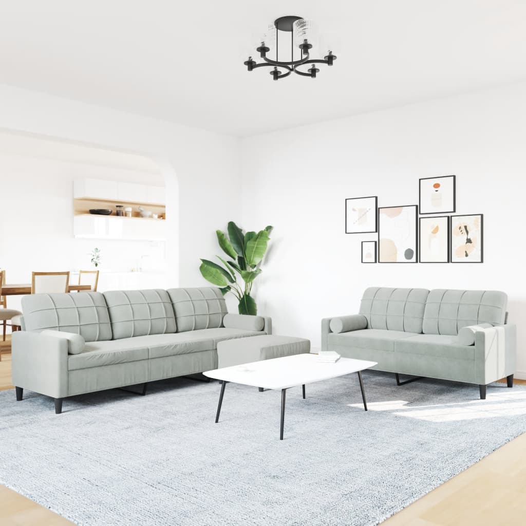 3-piece sofa set with cushions and neck rolls in light grey velvet