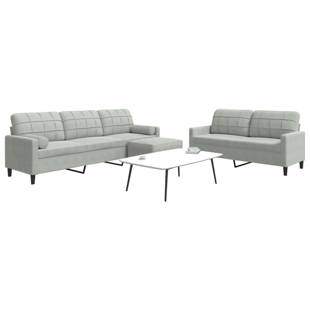 3-piece sofa set with cushions and neck rolls in light grey velvet