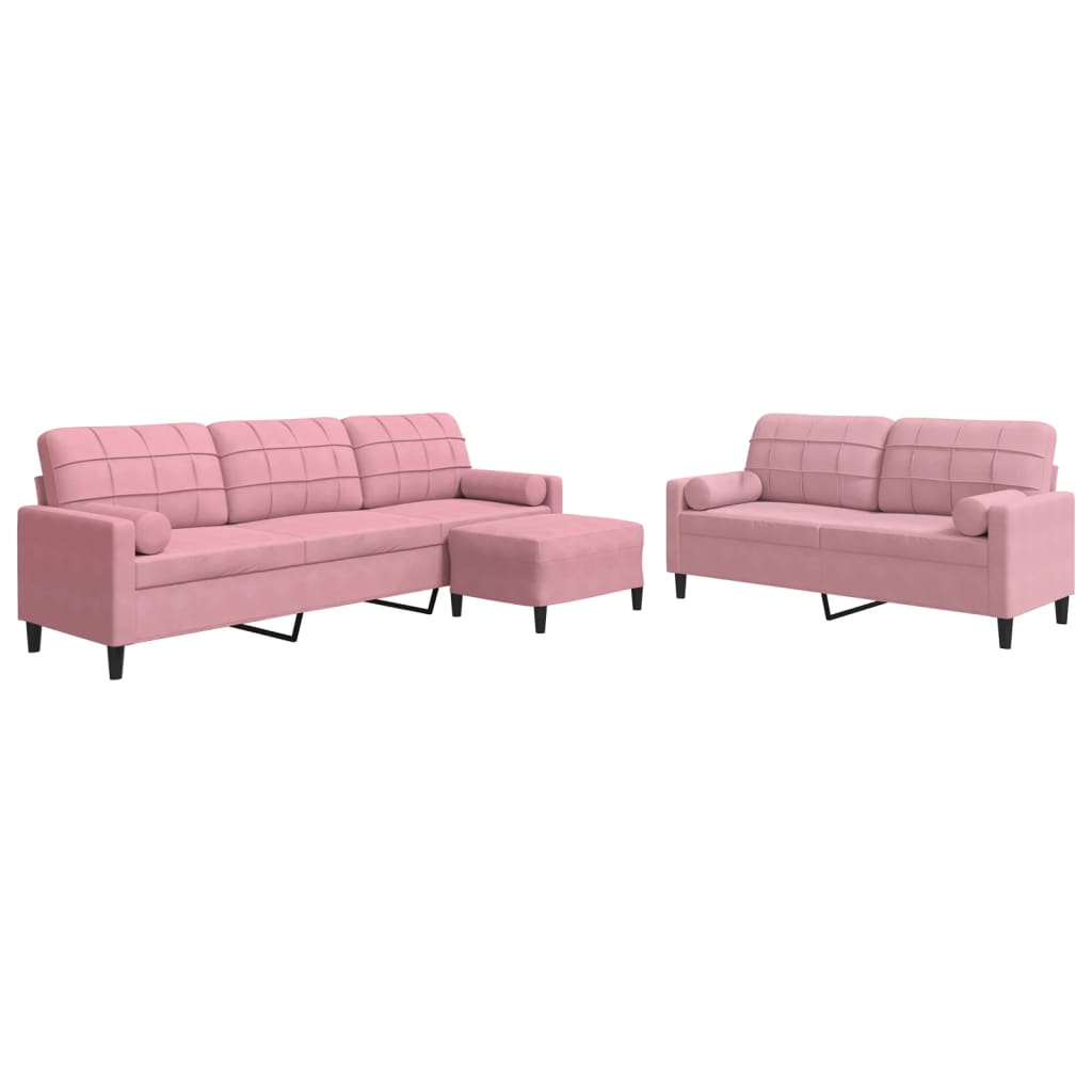 Ensemble de canapé 3 pièces avec coussins et traversins en velours rose