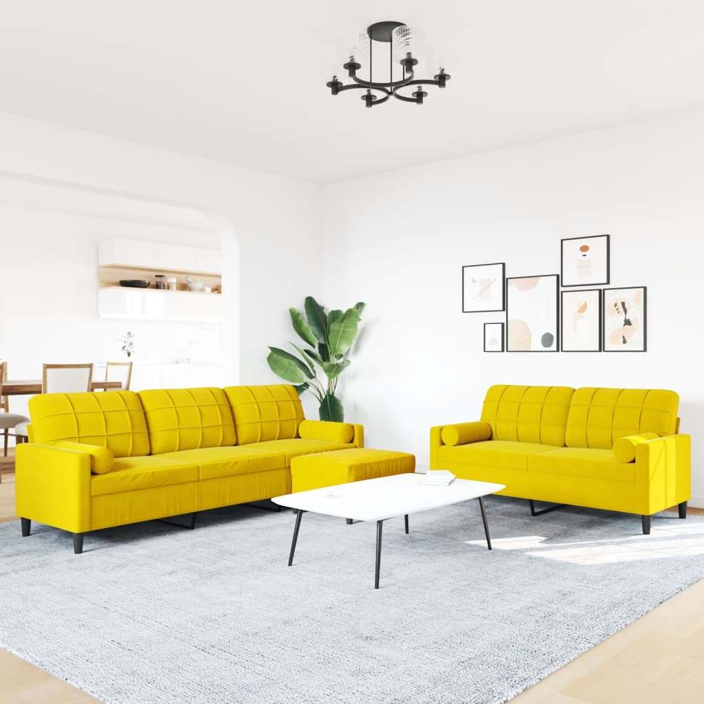 Ensemble de canapé 3 pièces avec coussins et protège-nuque en velours jaune