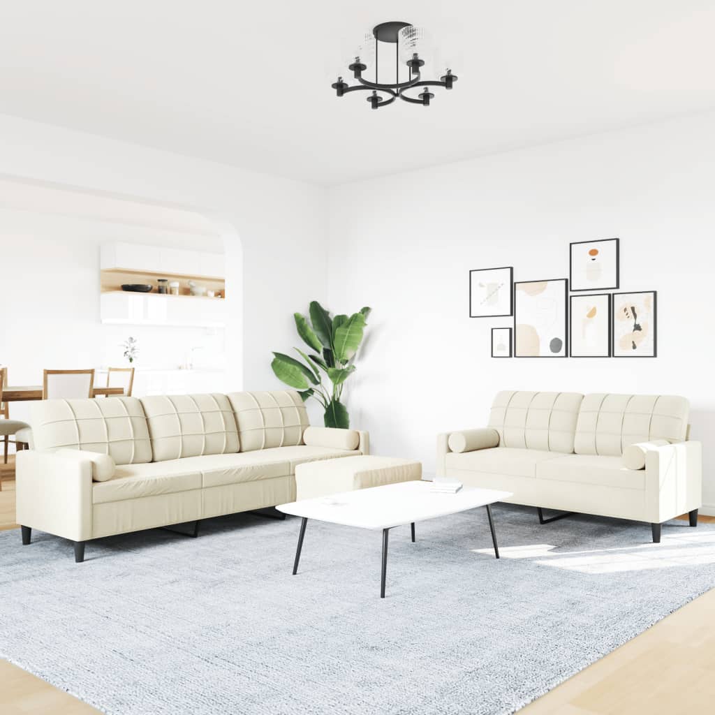 3-tlg. Sofagarnitur mit Kissen und Nackenrollen Creme Samt