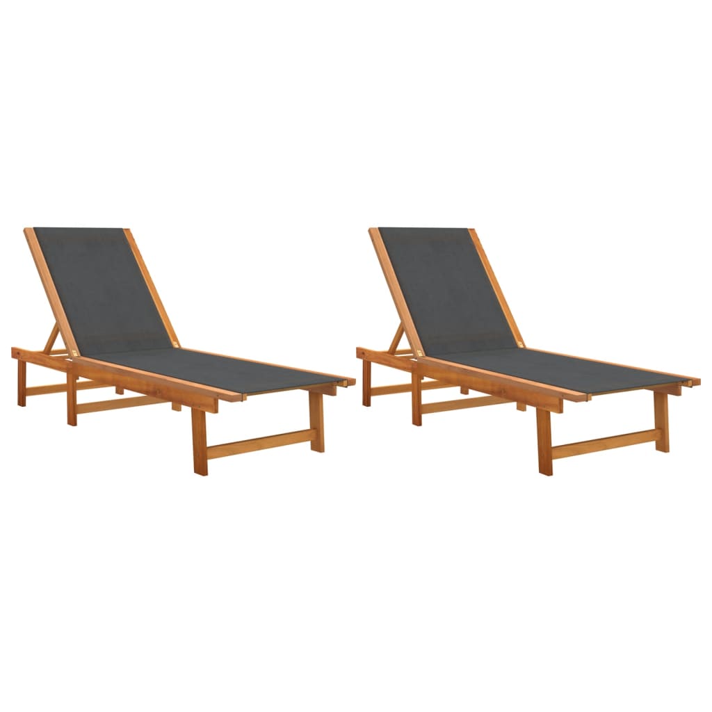 Chaises longues, lot de 2, en bois d'acacia massif noir et textilène