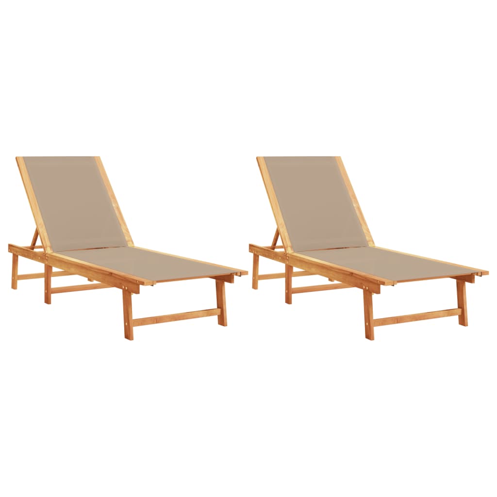 Chaises longues, lot de 2. Bois d'acacia massif taupe et textilène