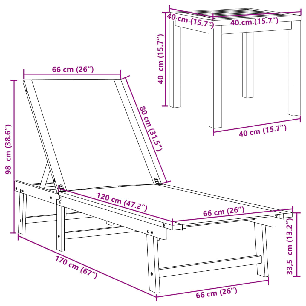 Chaises longues 2 pièces avec table en bois massif d'acacia gris textilène