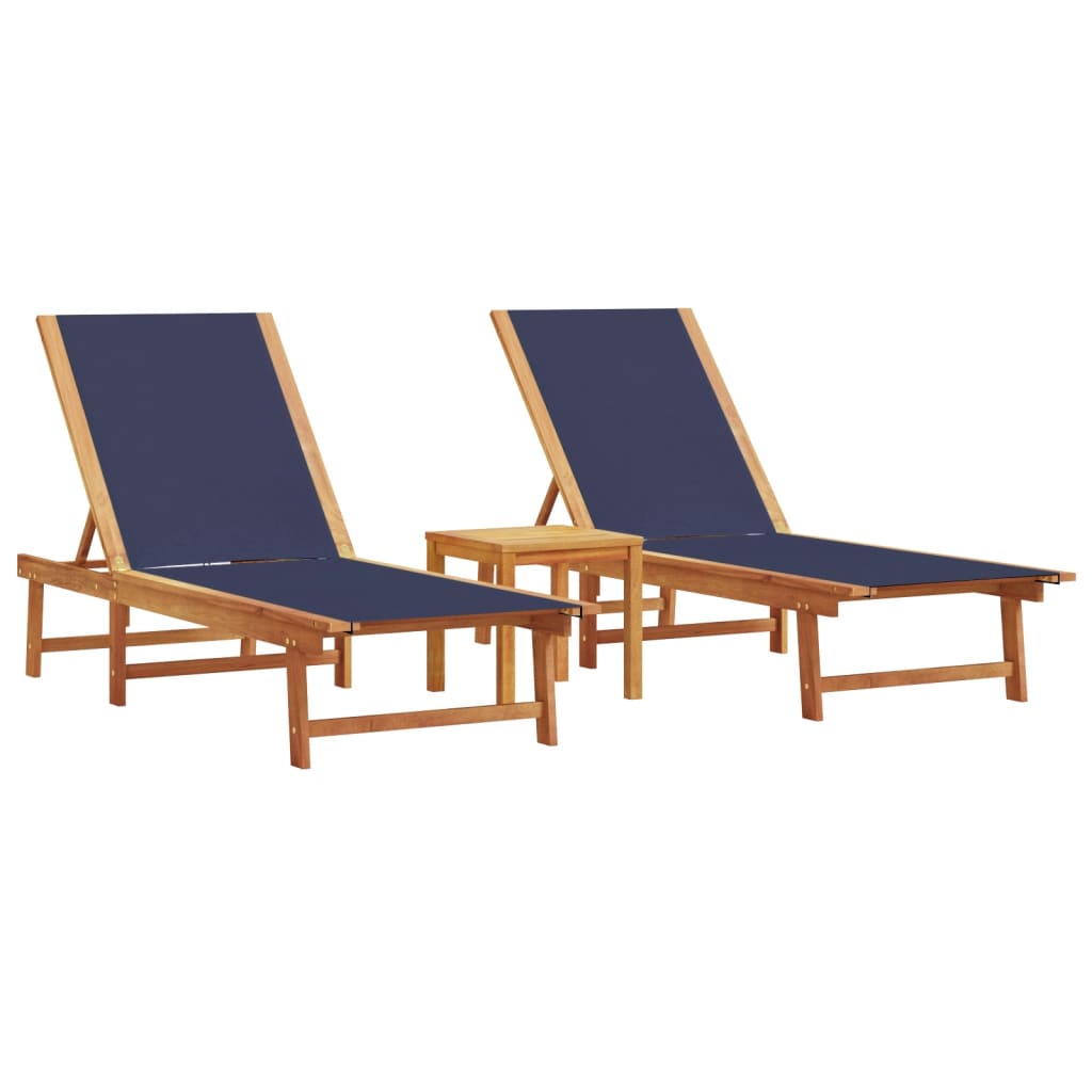 Chaises longues 2 pièces avec table en bois massif d'acacia bleu textilène