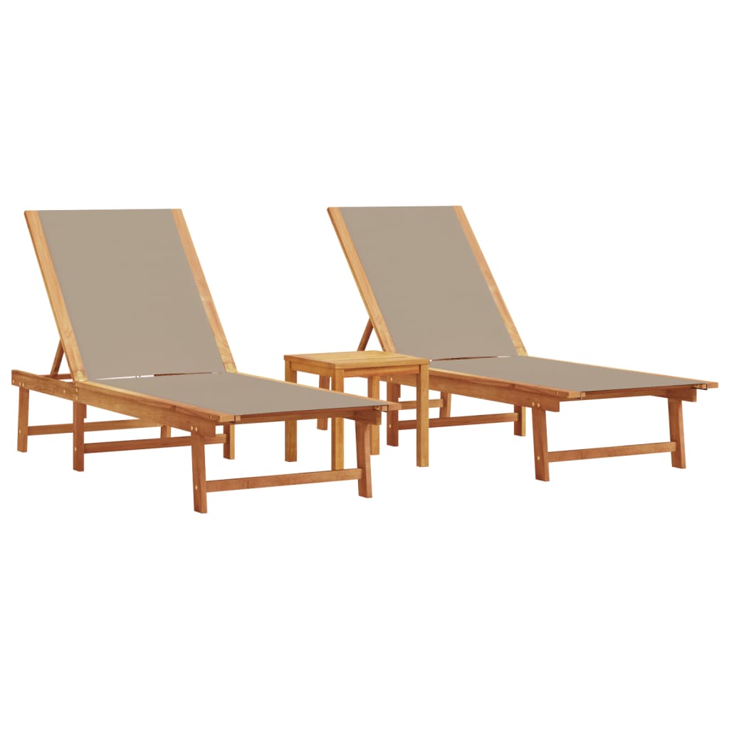 Chaises longues 2 pièces avec table en bois massif d'acacia taupe et textilène