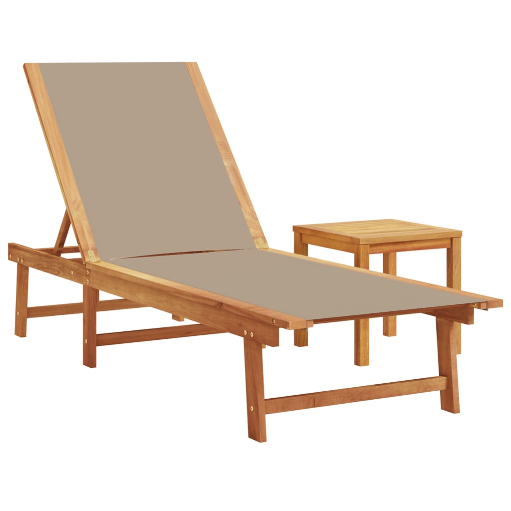 Chaises longues 2 pièces avec table en bois massif d'acacia taupe et textilène