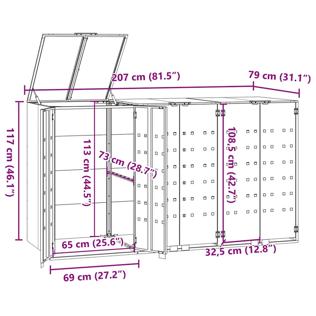Mülltonnenbox für 3 Tonnen Schwarz 207x79x117 cm Stahl