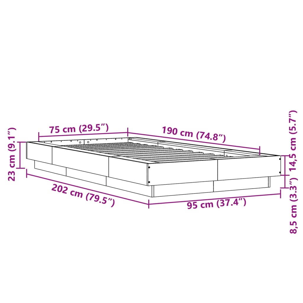 Bettgestell Grau Sonoma 75x190 cm Holzwerkstoff