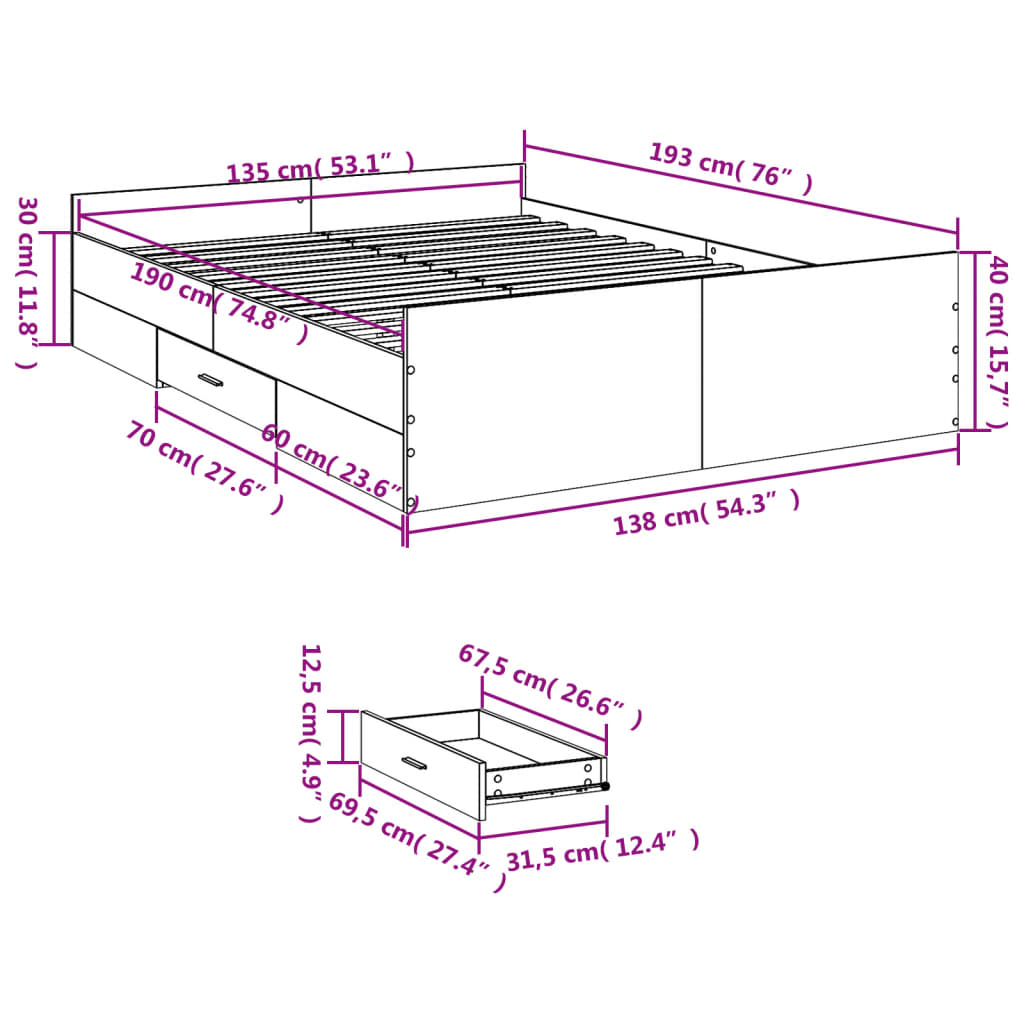 Bettgestell mit Schubladen Sonoma-Eiche 135x190cm Holzwerkstoff