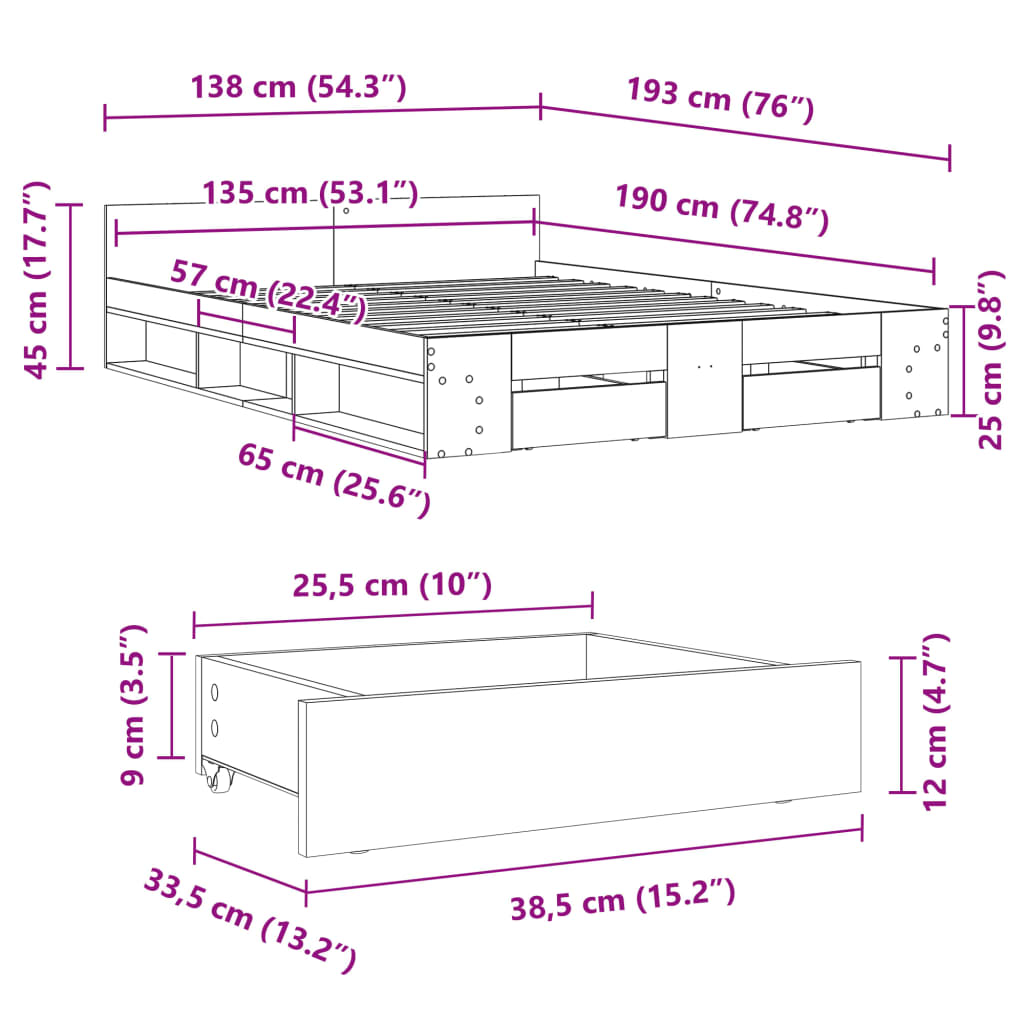 Bettgestell mit Schubladen Räuchereiche 135x190cm Holzwerkstoff
