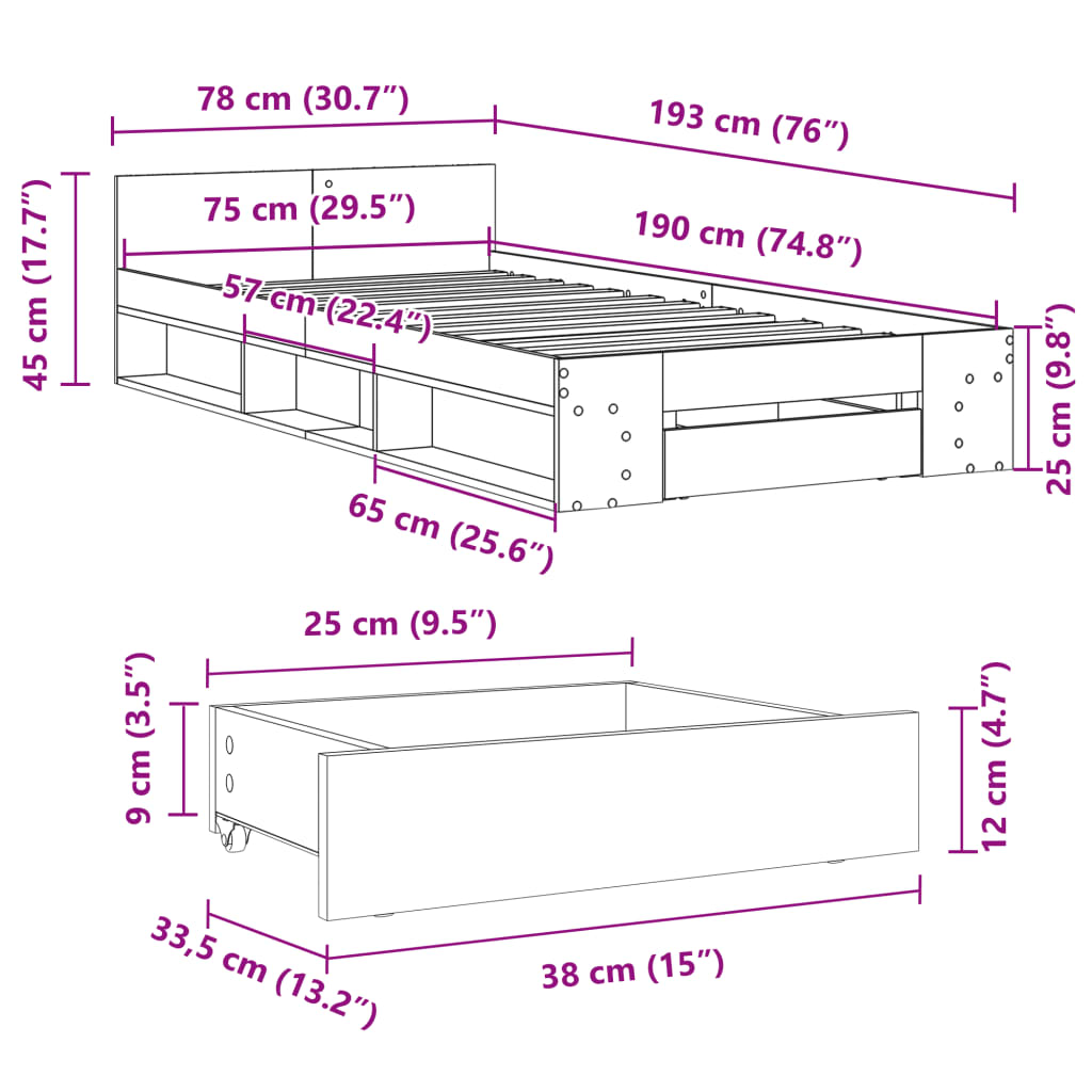 Bettgestell mit Schublade Räuchereiche 75x190 cm Holzwerkstoff