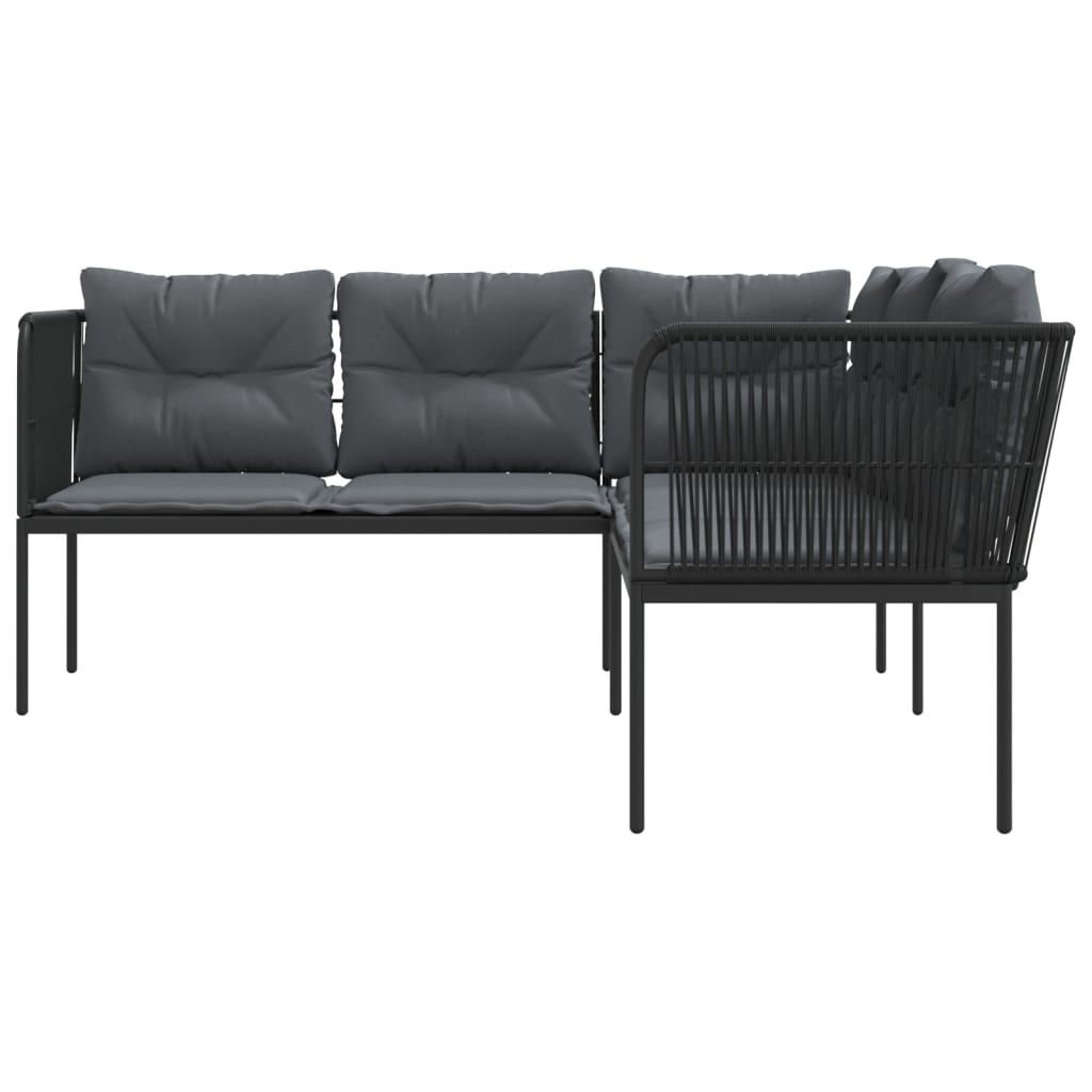 Garden sofa in L-shape with cushions black steel and textilene