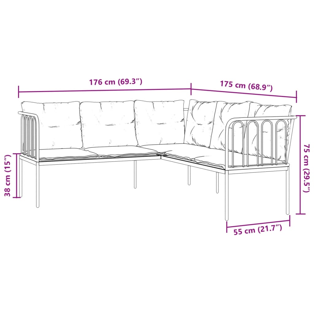 Garden sofa in L-shape with cushions black steel and textilene