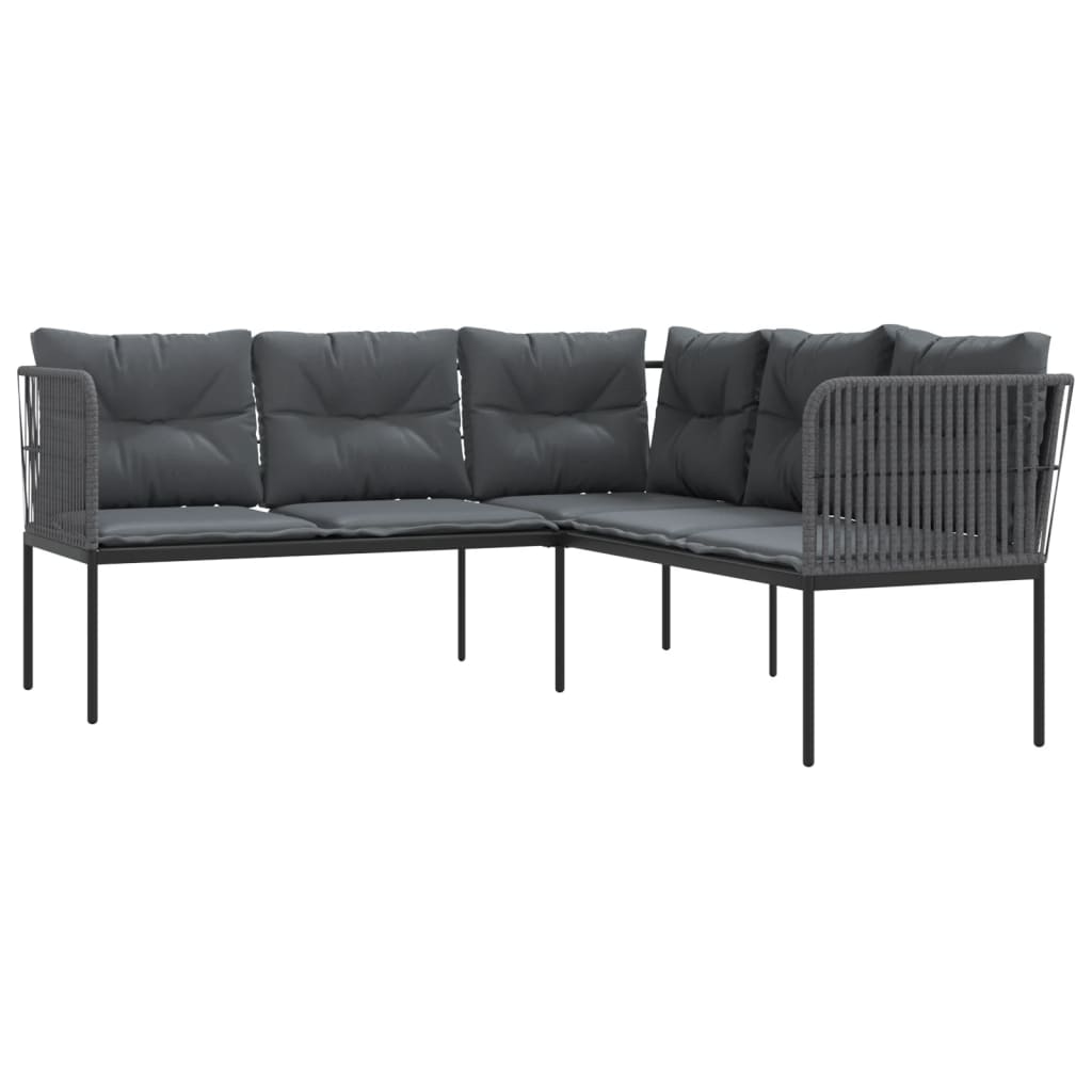 Garden sofa in L-shape with cushions black steel and textilene