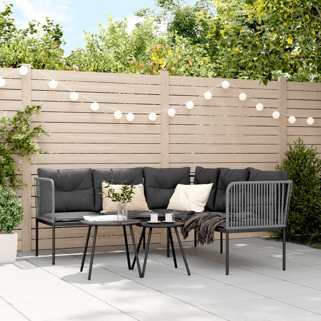 Garden sofa in L-shape with cushions black steel and textilene