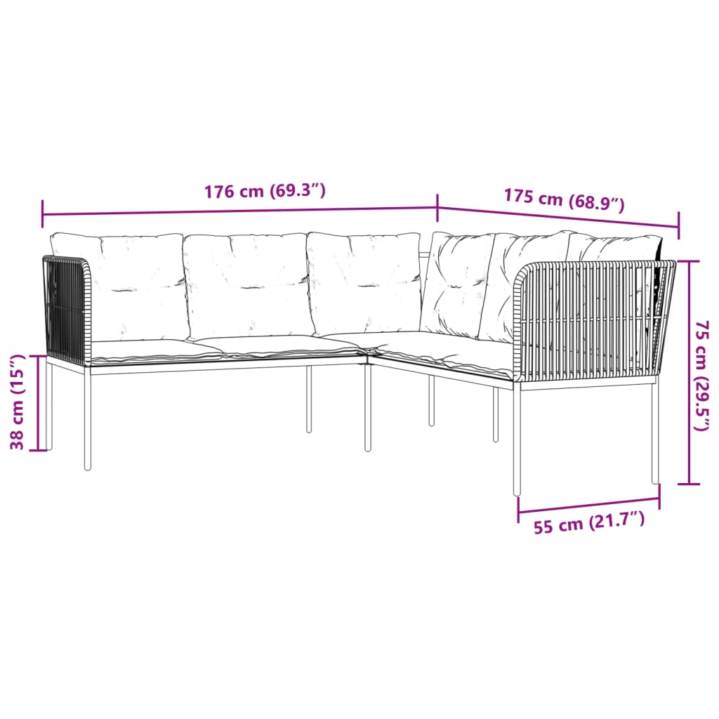 Garden sofa in L-shape with cushions black steel and textilene