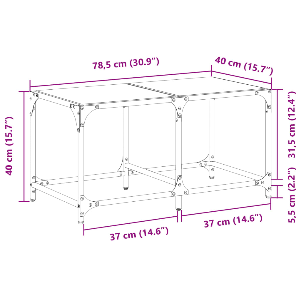 Table basse avec plateau en verre noir 78,5x40x40 cm acier