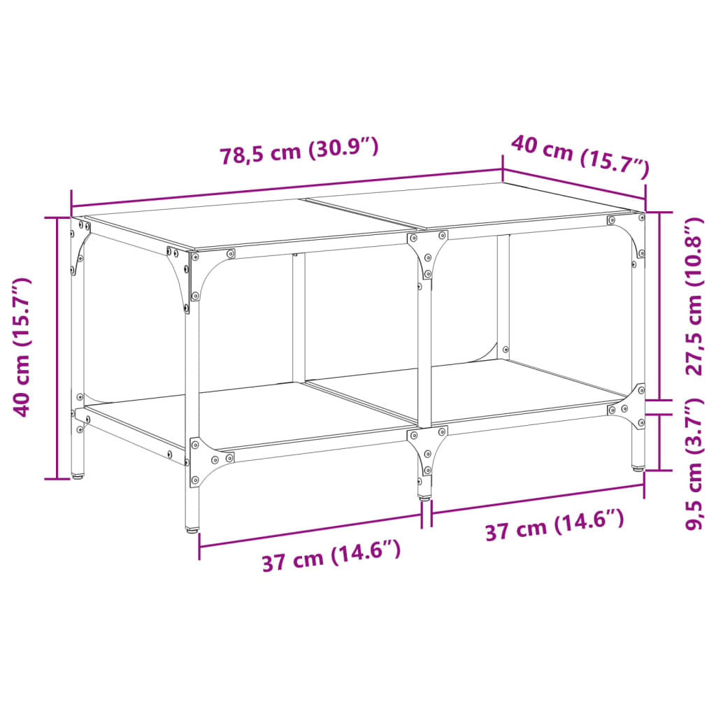 Table basse avec plateau en verre noir 78,5x40x40 cm acier