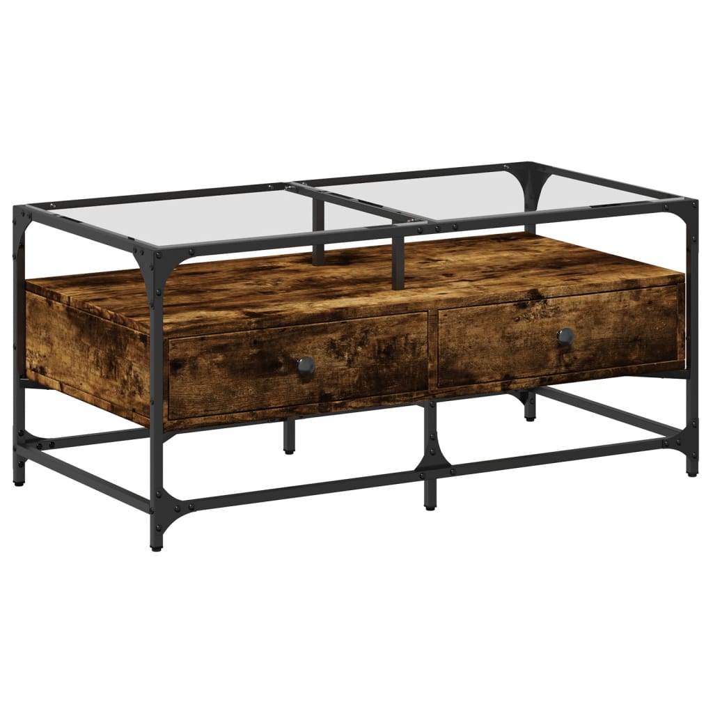 Table basse avec plateau en verre chêne fumé 98,5x50x45 cm acier