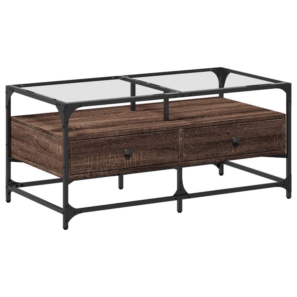 Table basse avec plateau en verre aspect chêne marron 98,5x50x45cm acier