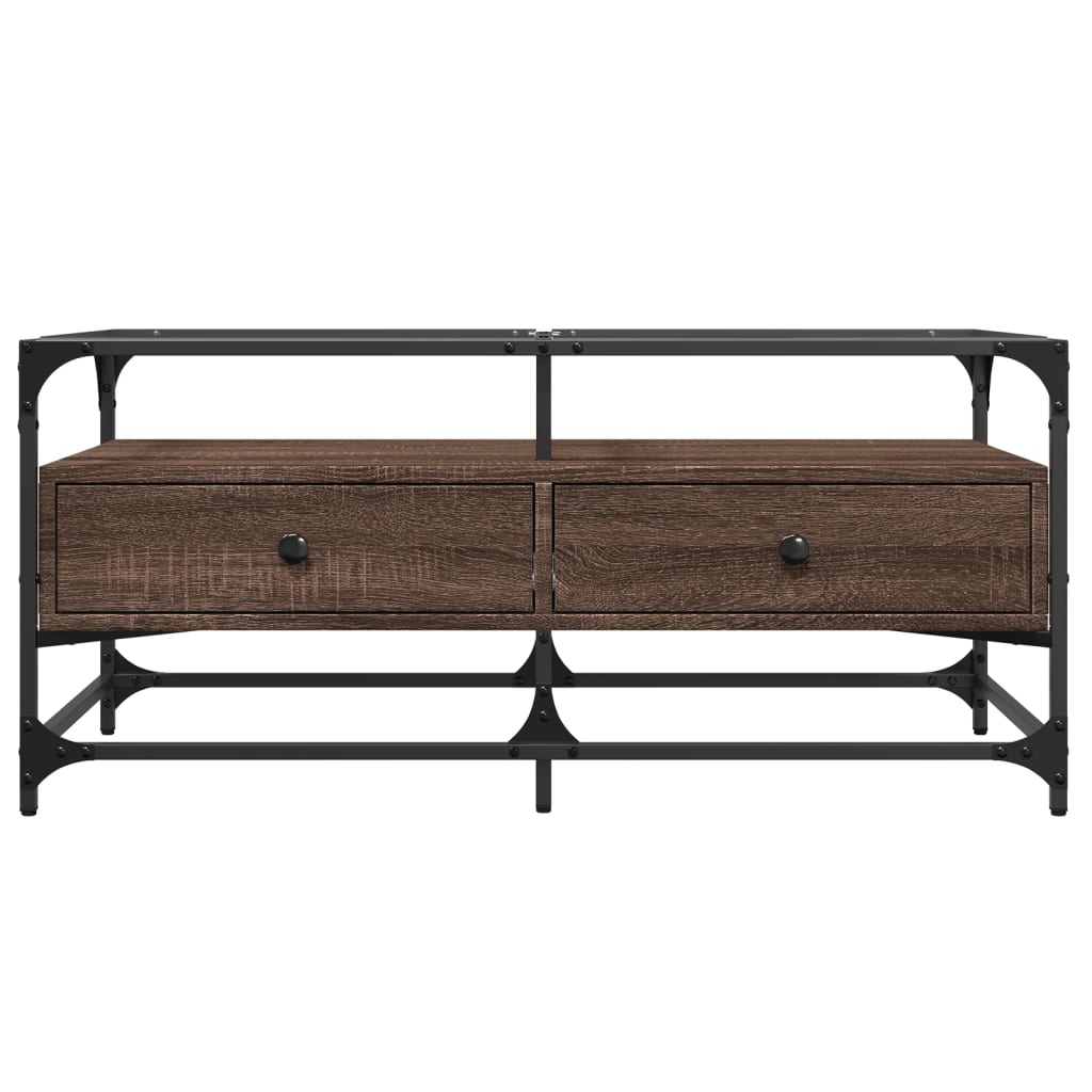 Table basse avec plateau en verre aspect chêne marron 98,5x50x45cm acier