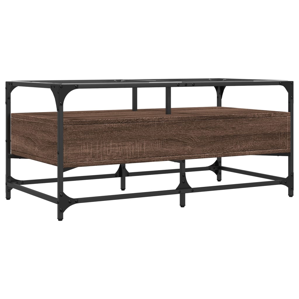 Table basse avec plateau en verre aspect chêne marron 98,5x50x45cm acier