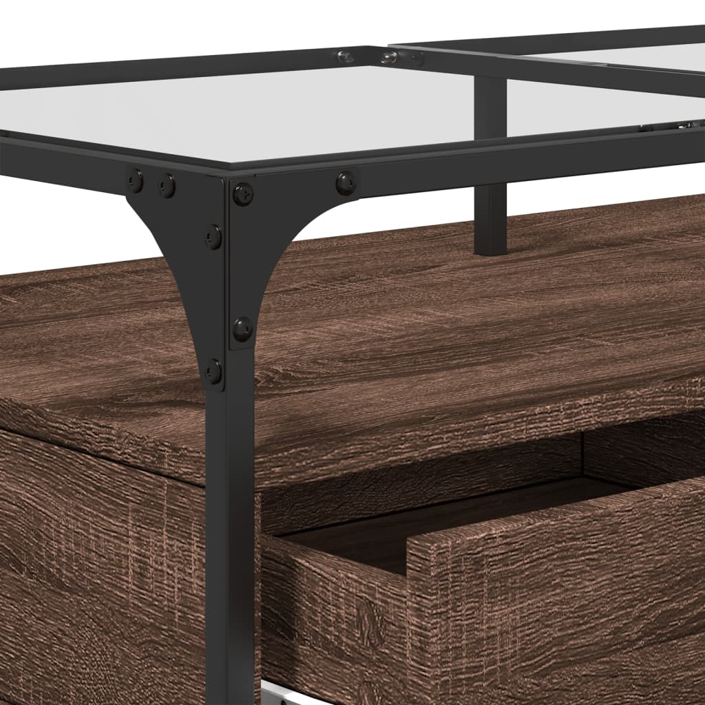 Table basse avec plateau en verre aspect chêne marron 98,5x50x45cm acier