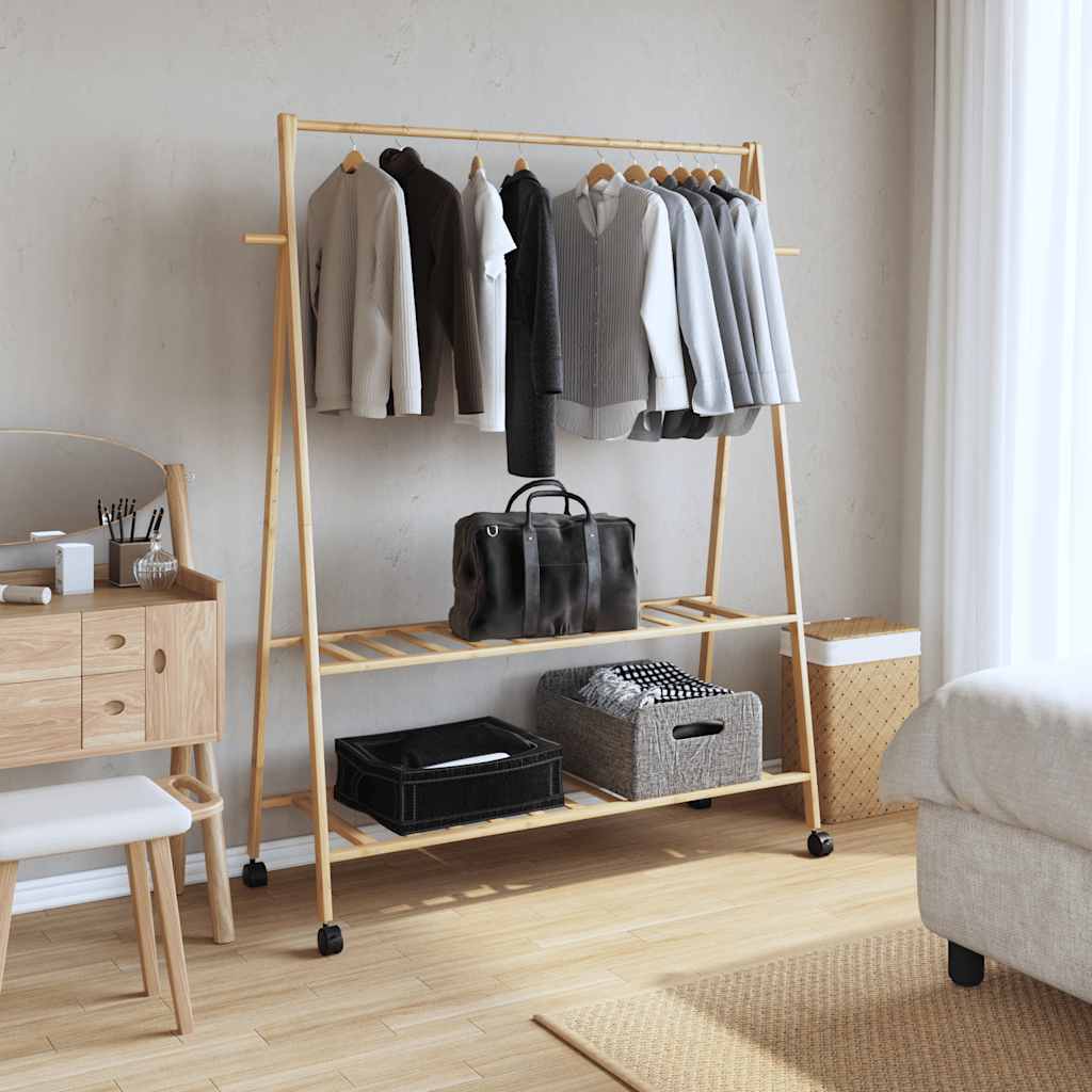 Clothes rack with shelves and wheels 132x45.5x155.5 cm bamboo