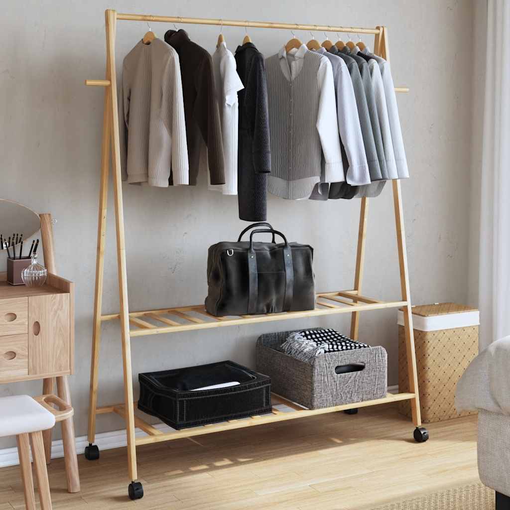 Clothes rack with shelves and wheels 132x45.5x155.5 cm bamboo