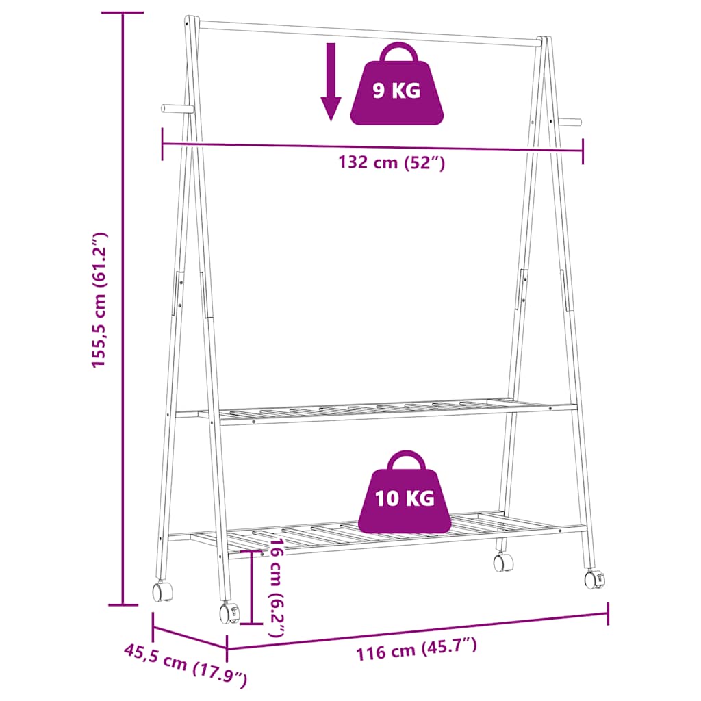 Clothes rack with shelves and wheels 132x45.5x155.5 cm bamboo