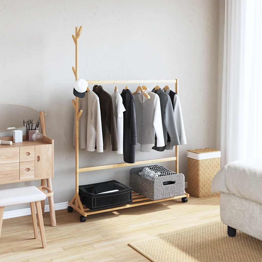 Clothes rack with hooks and wheels 100x35x157 cm bamboo