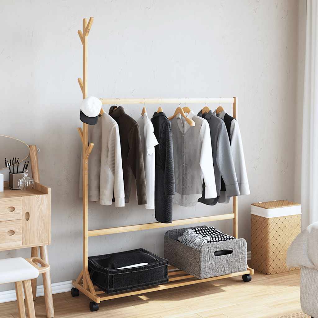 Clothes rack with hooks and wheels 100x35x157 cm bamboo