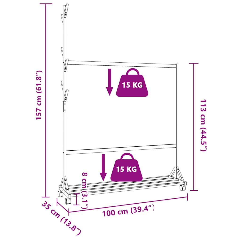 Clothes rack with hooks and wheels 100x35x157 cm bamboo