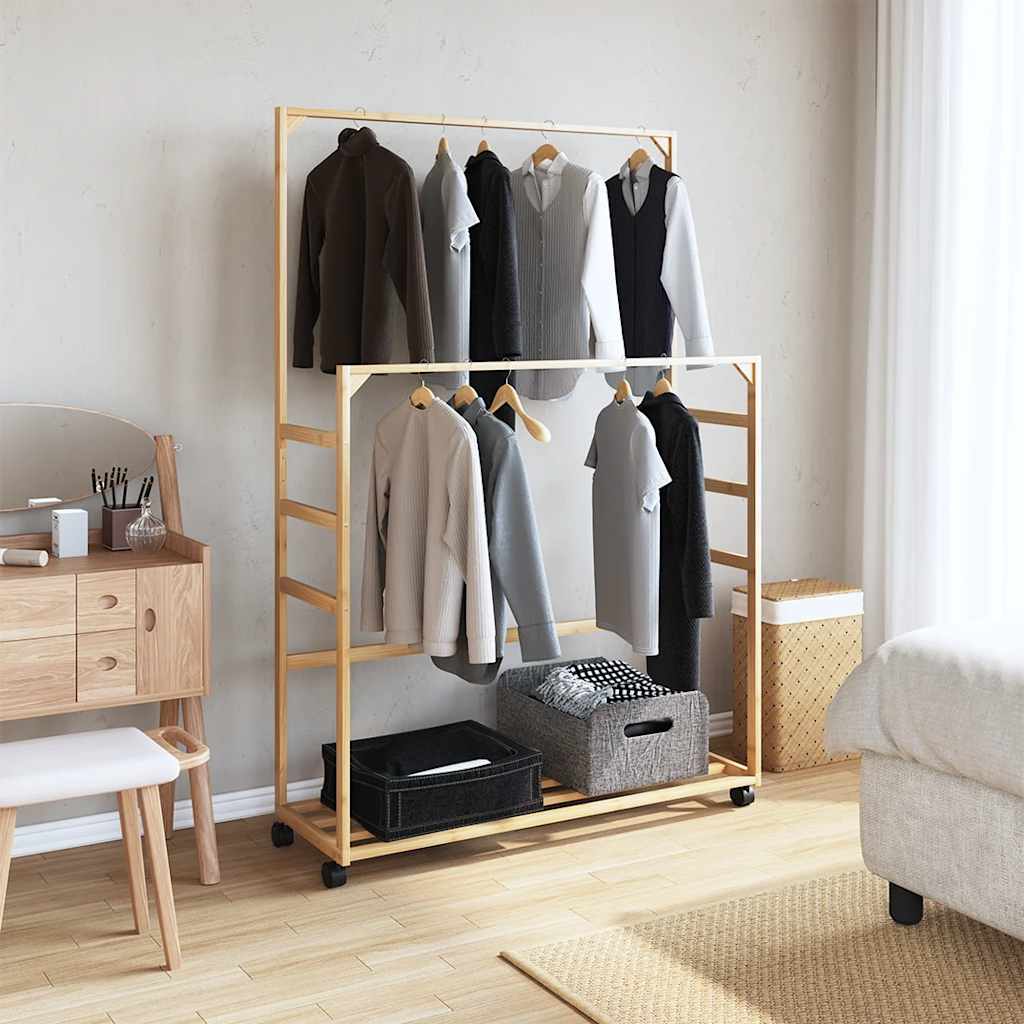 Clothes rack with shelves and wheels 90x35x155 cm bamboo